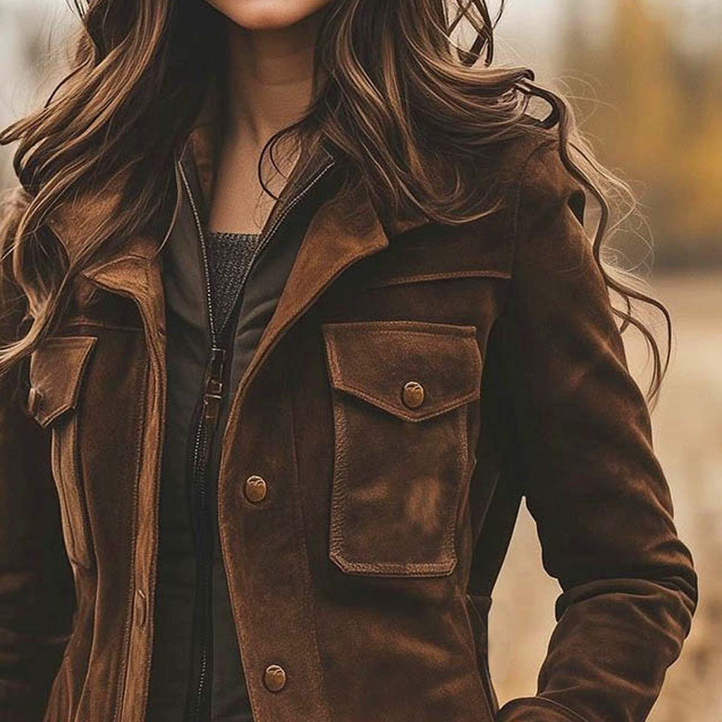 Women's Vintage Mocha Brown Suede Lapel Collar Mid-Length Coat Jacket