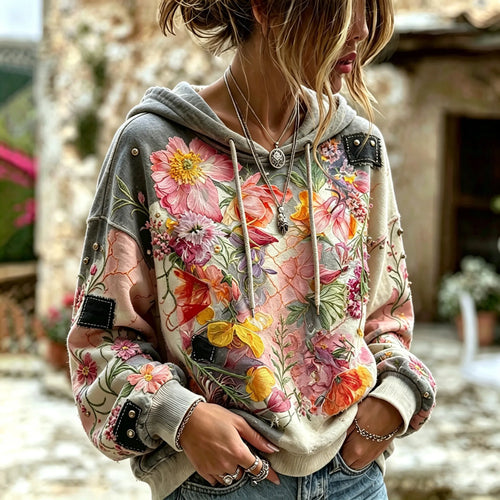 Vintage Boho Floral Embroidered Washed Patchwork Oversized Hooded Sweatshirt