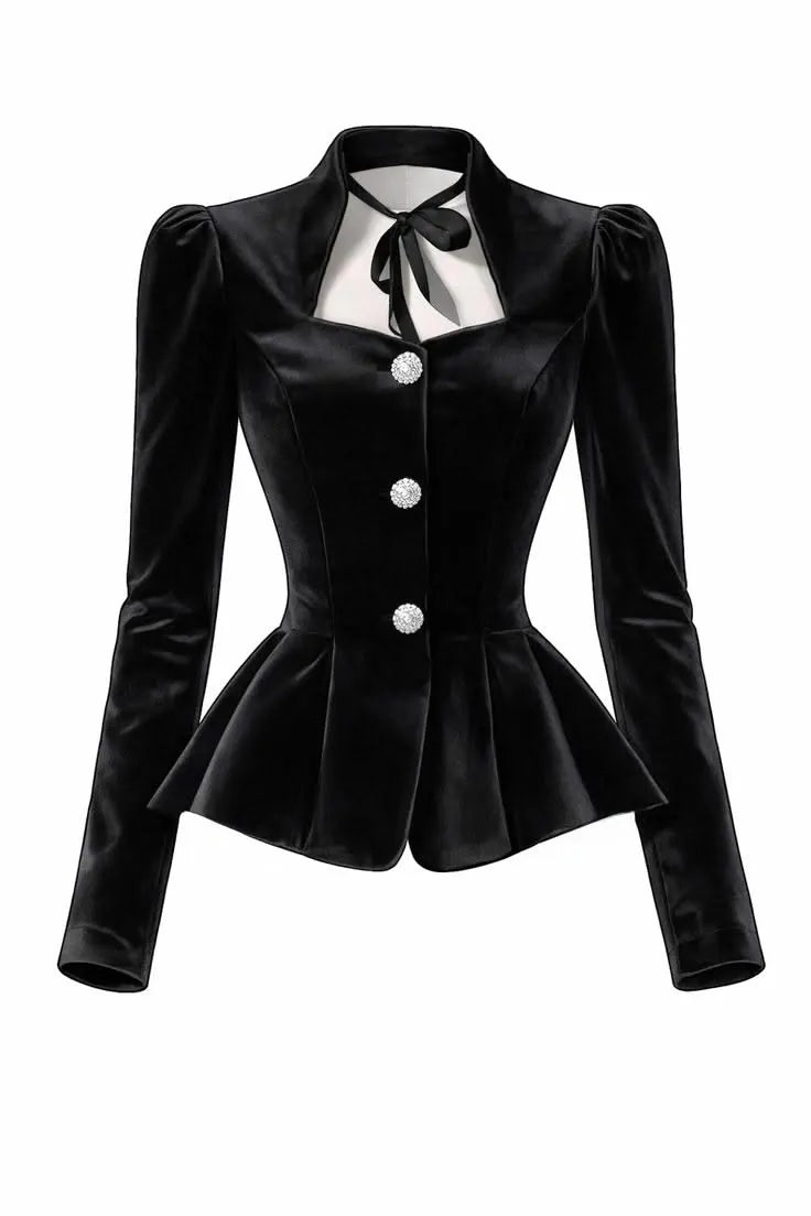 Vintage Black Velvet Puff Sleeve Peplum Top & Polka Dot Pencil Skirt Two-Piece Set