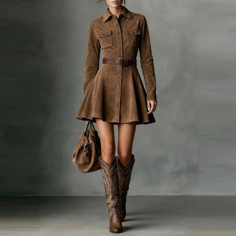 Western-style Distressed Brown Button-down Shirt Dress