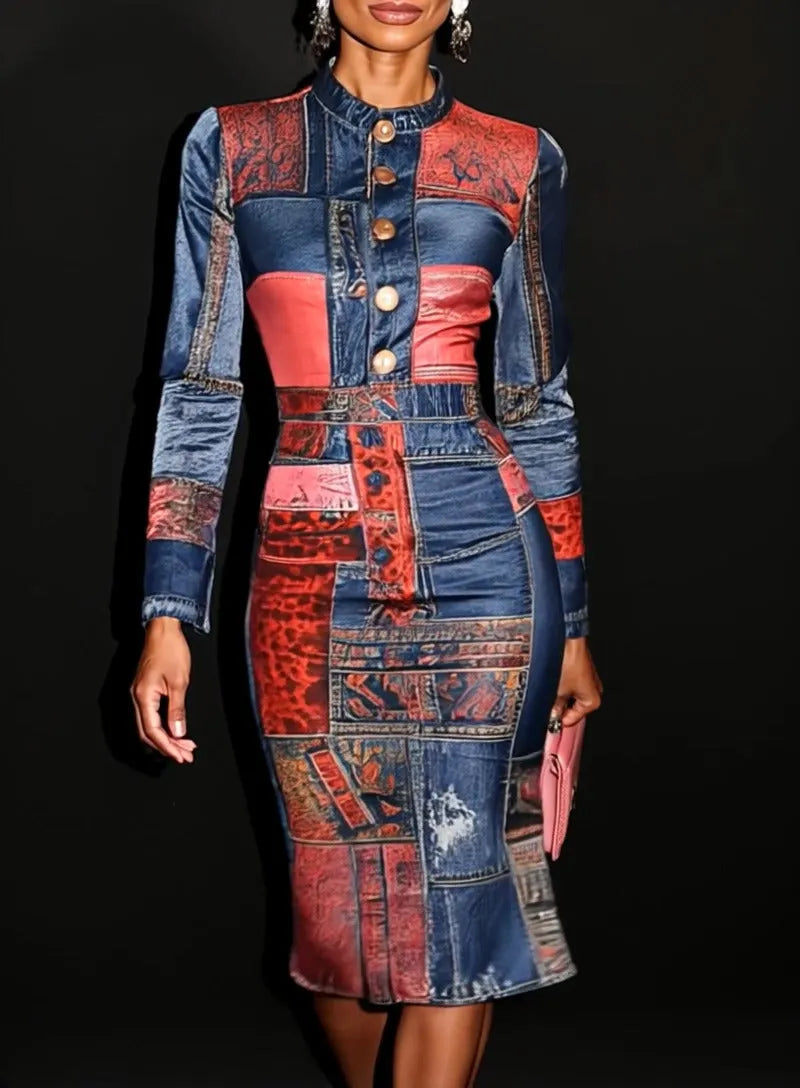 Chic Patchwork Bodycon Midi Dress