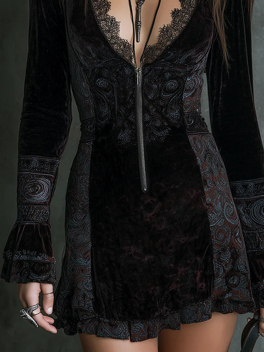 Bohemian Delicate Lace Velvet Mini Dress