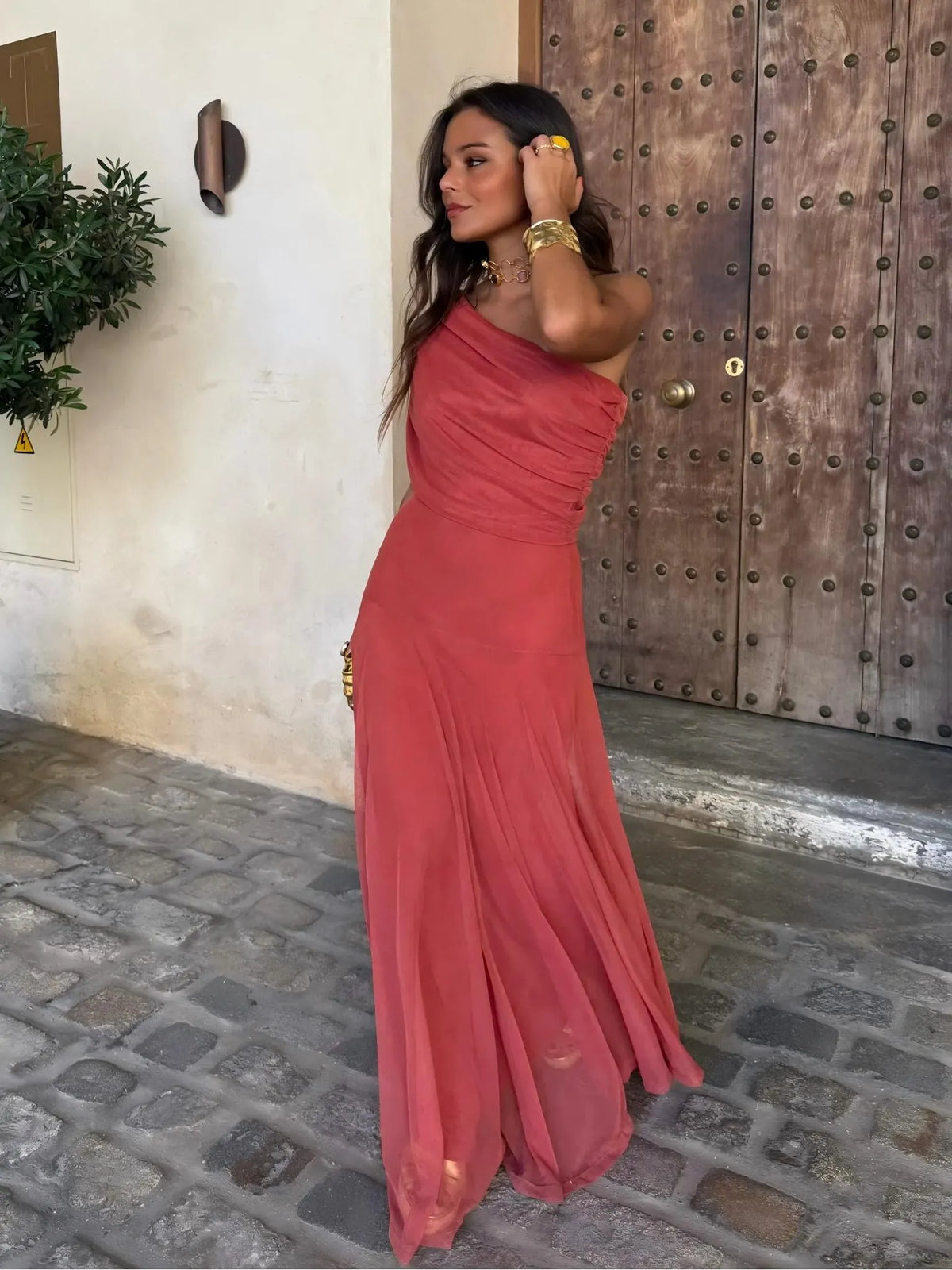 Toledo One Shoulder Mesh Maxi Dress