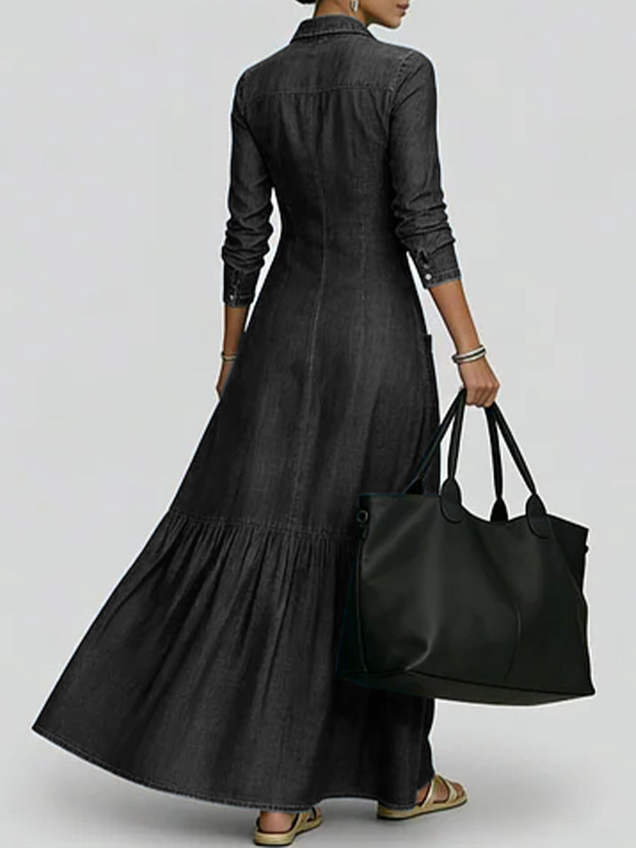 Women's Shirt Collar Long-sleeved Loose A-line Denim Dress