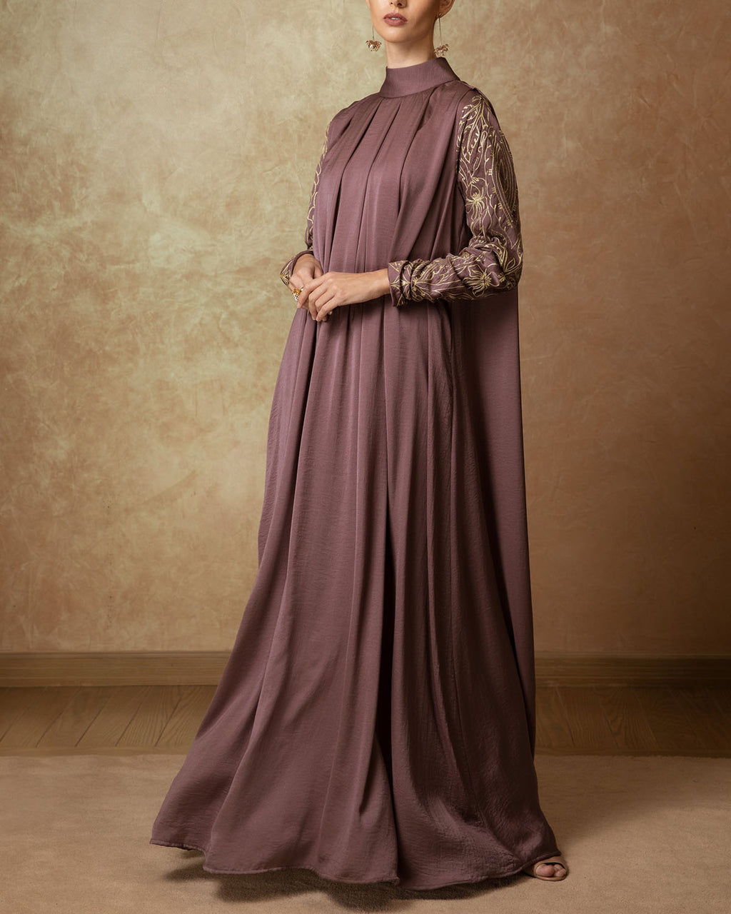 High Neck Gathered Embroidered Puff Sleevedress