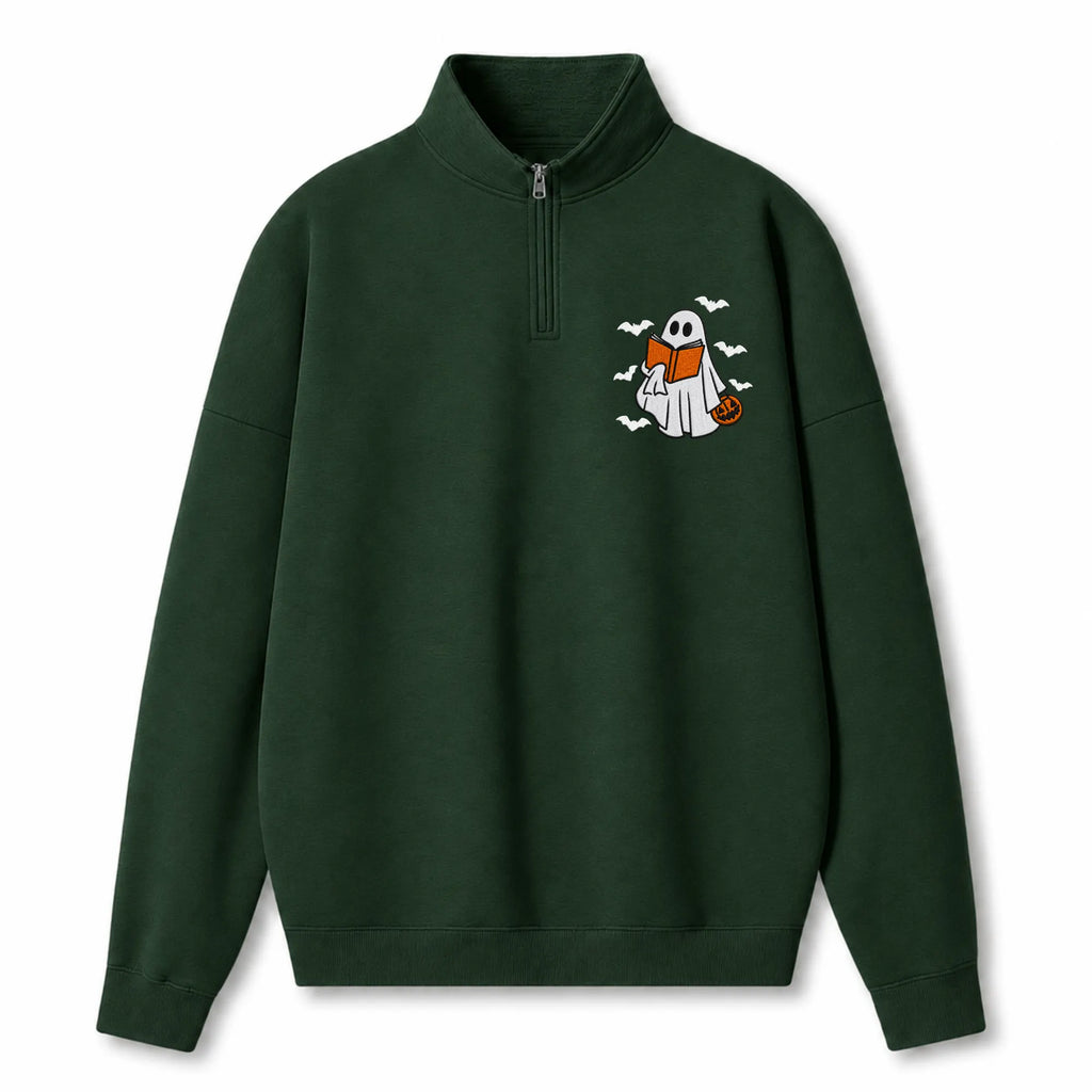 Chaotic Club Embroided Reading Ghost Pumpkin Pastel Pink Quarter Zip Sweatshirt