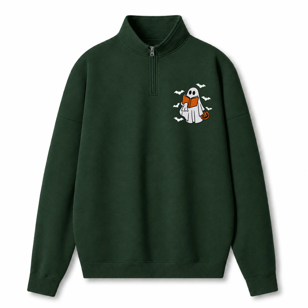 Chaotic Club Embroided Reading Ghost Pumpkin Pastel Pink Quarter Zip Sweatshirt