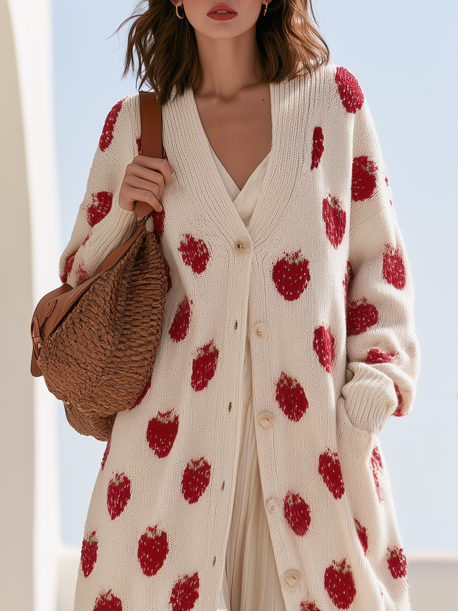 Retro-chic Raspberry-pattern Long Knit Cardigan