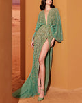 Green Embroidered Deep V Neckline Tulle Dress
