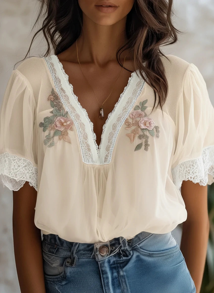 Boho Delicate Lace Floral Embroidered Chiffon Blouse