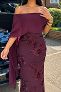burgundy-brocade-midi-dress-off-shoulder-cape-sleeve-formal-dress