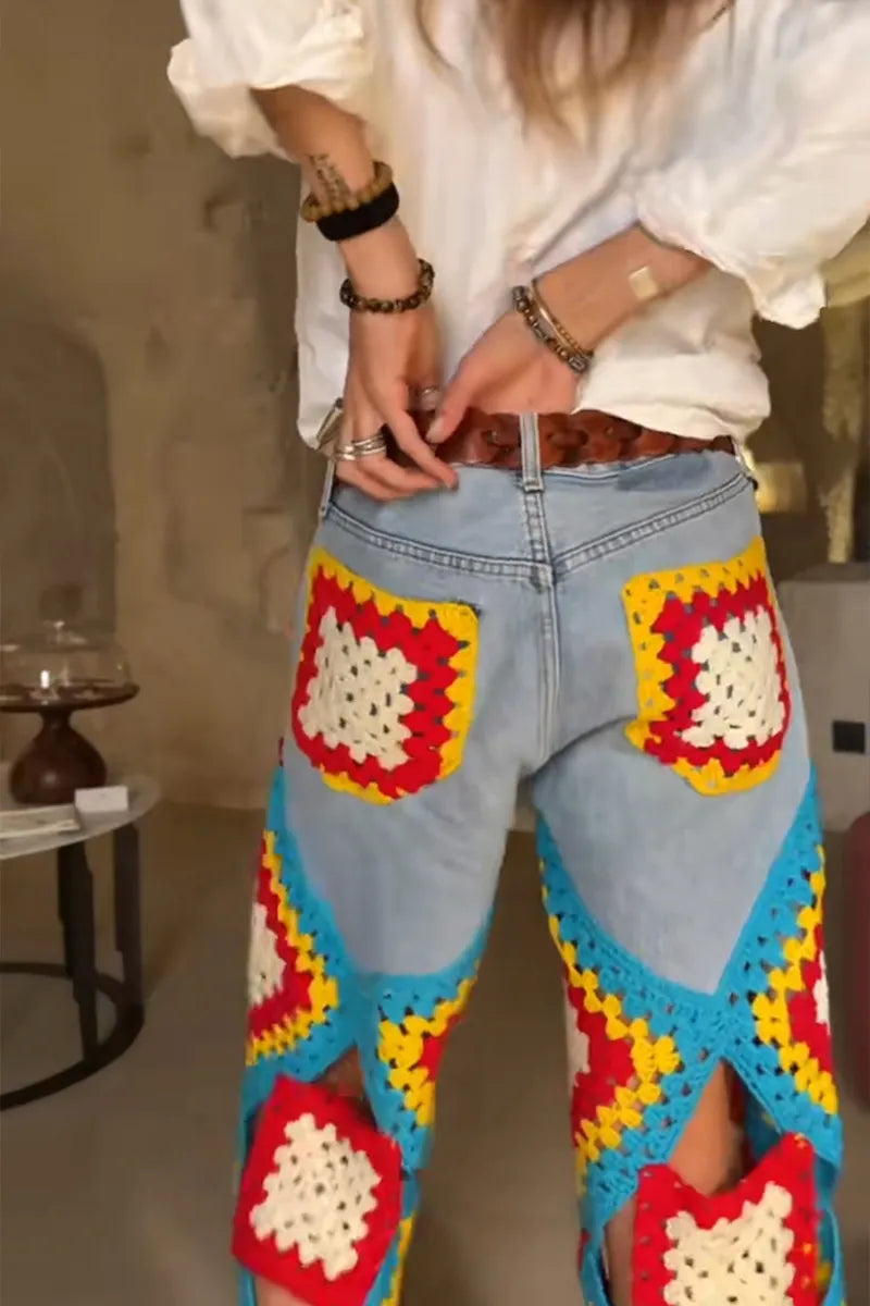 Women's Resort Multicolor Knit-Panel Fringe-Hem Pants