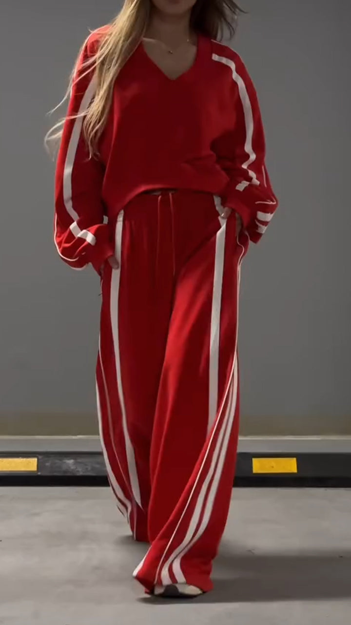 Women's V-neck Striped Casual Suit