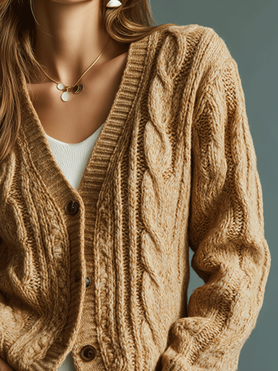 Cozy Camel Cable Knit Button Cardigan