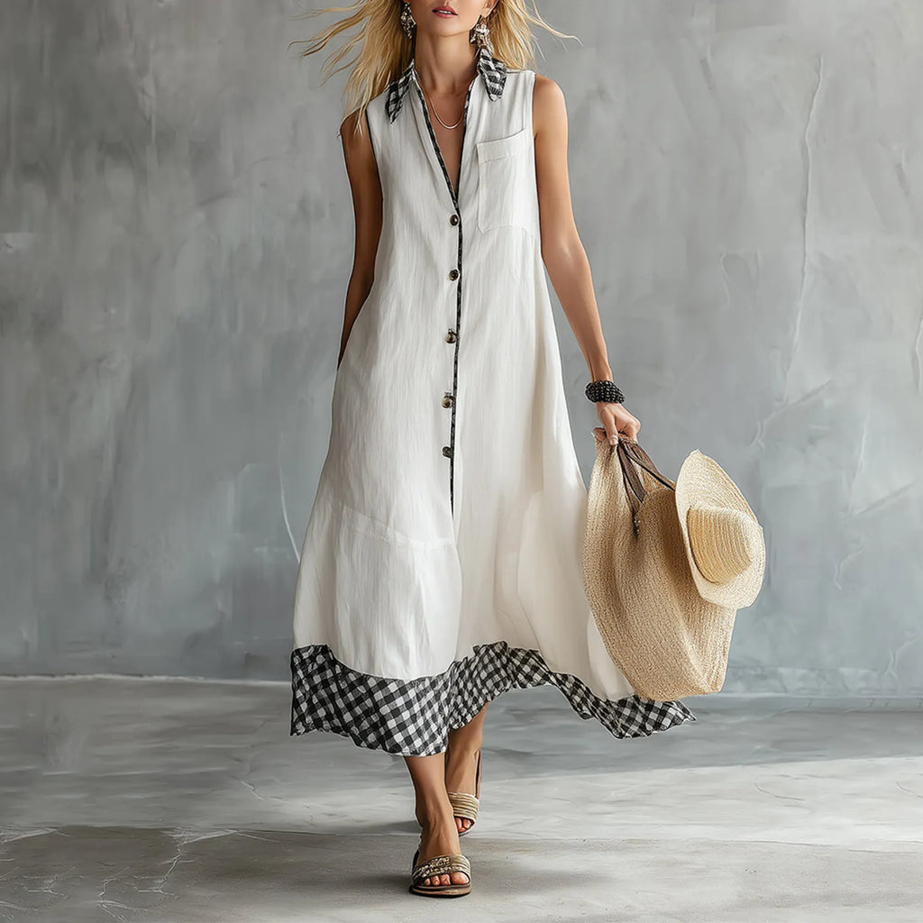 Spring Outfits Fashionable Resort-style Patterned Trim White Cotton-linen Blend Lapel-neck Sleeveless Maxi Dress