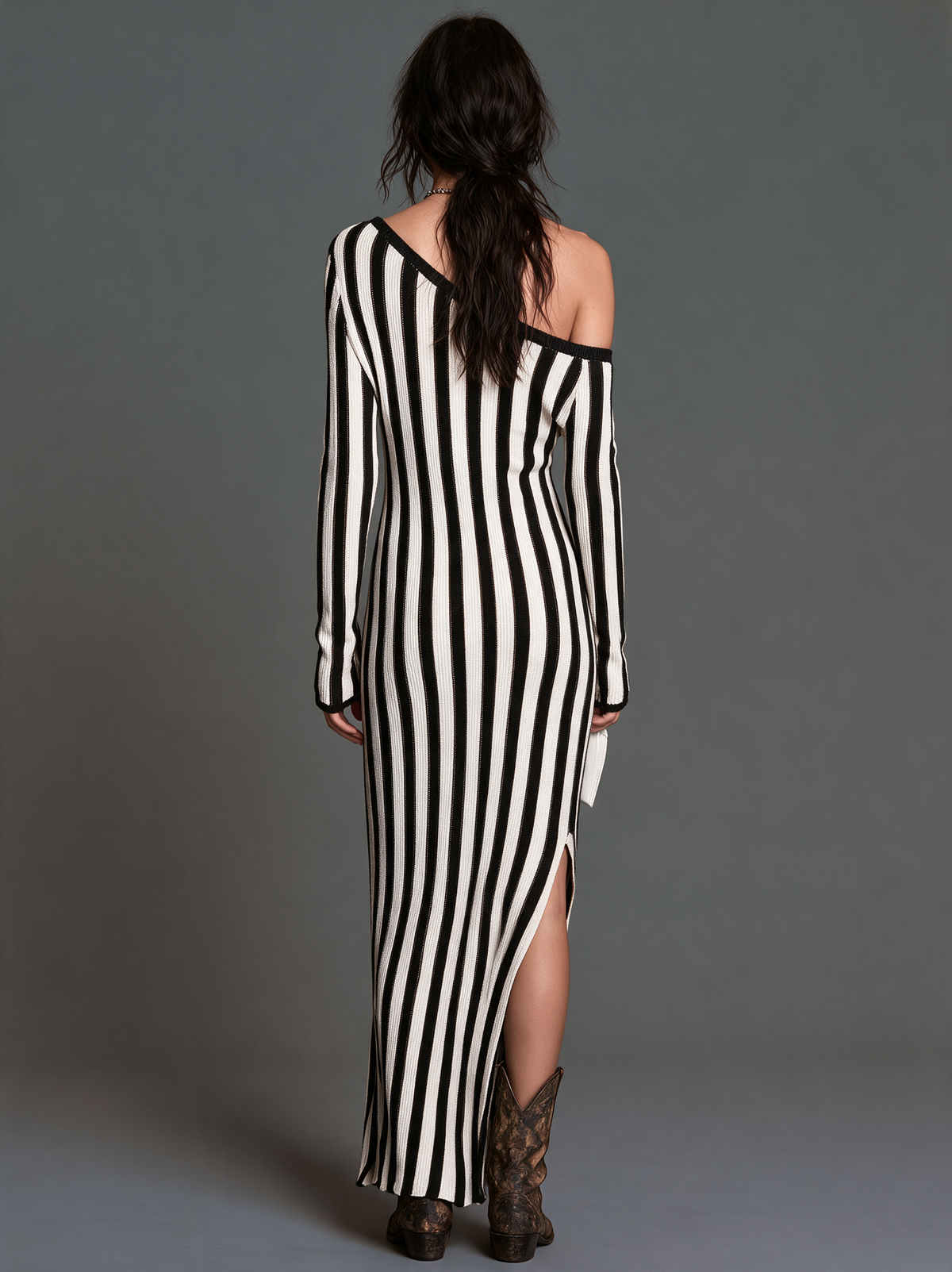 Women's Vintage One-Shoulder Long-Sleeve Striped Sweater Dress With Side Slit MDZ2121H1WY