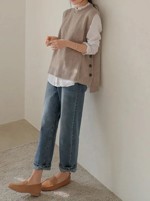 Simple Sleeveless Loose Buttoned Solid Color Round-Neck Sweater Vest Outerwear