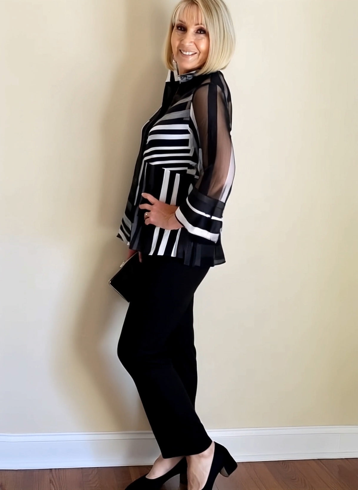 2Pcs Chiffon Stripes Shirt and Pants Set