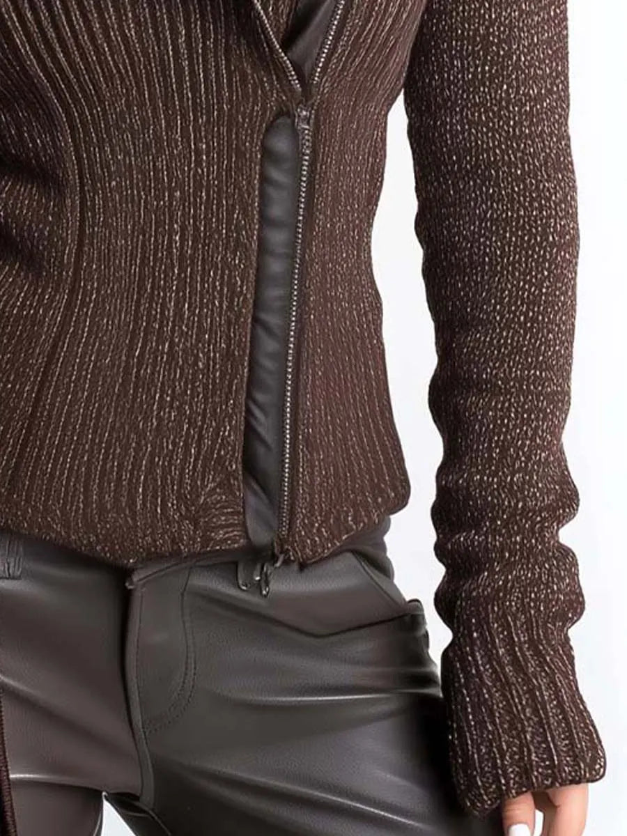 Brown Asymmetrical Zip Ribbed Knit Jacket