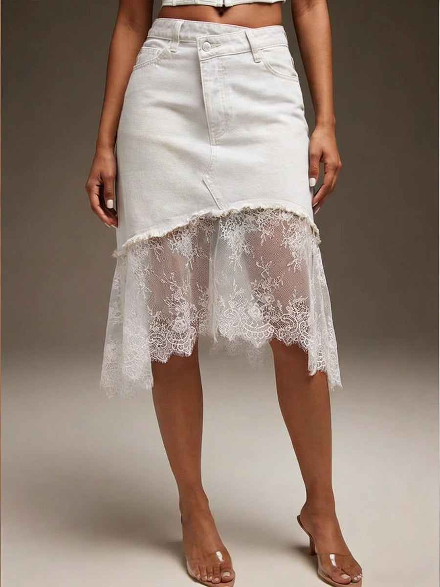 Casual Lace-paneled Denim Skirt