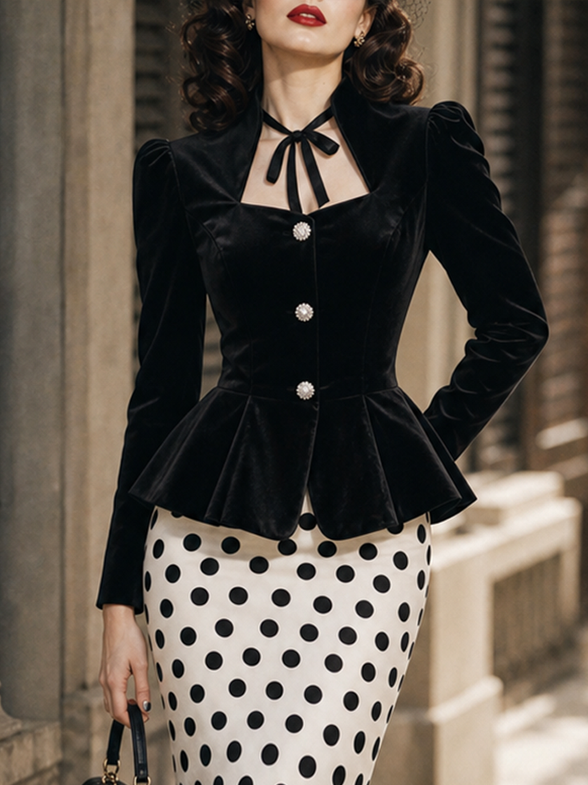 Vintage Black Velvet Puff Sleeve Peplum Top & Polka Dot Pencil Skirt Two-Piece Set