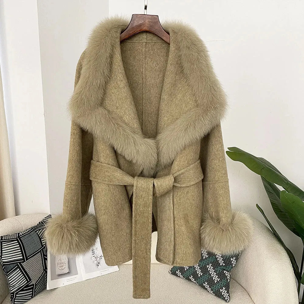 Faux Fur Collar Belted Wool Blend Coat