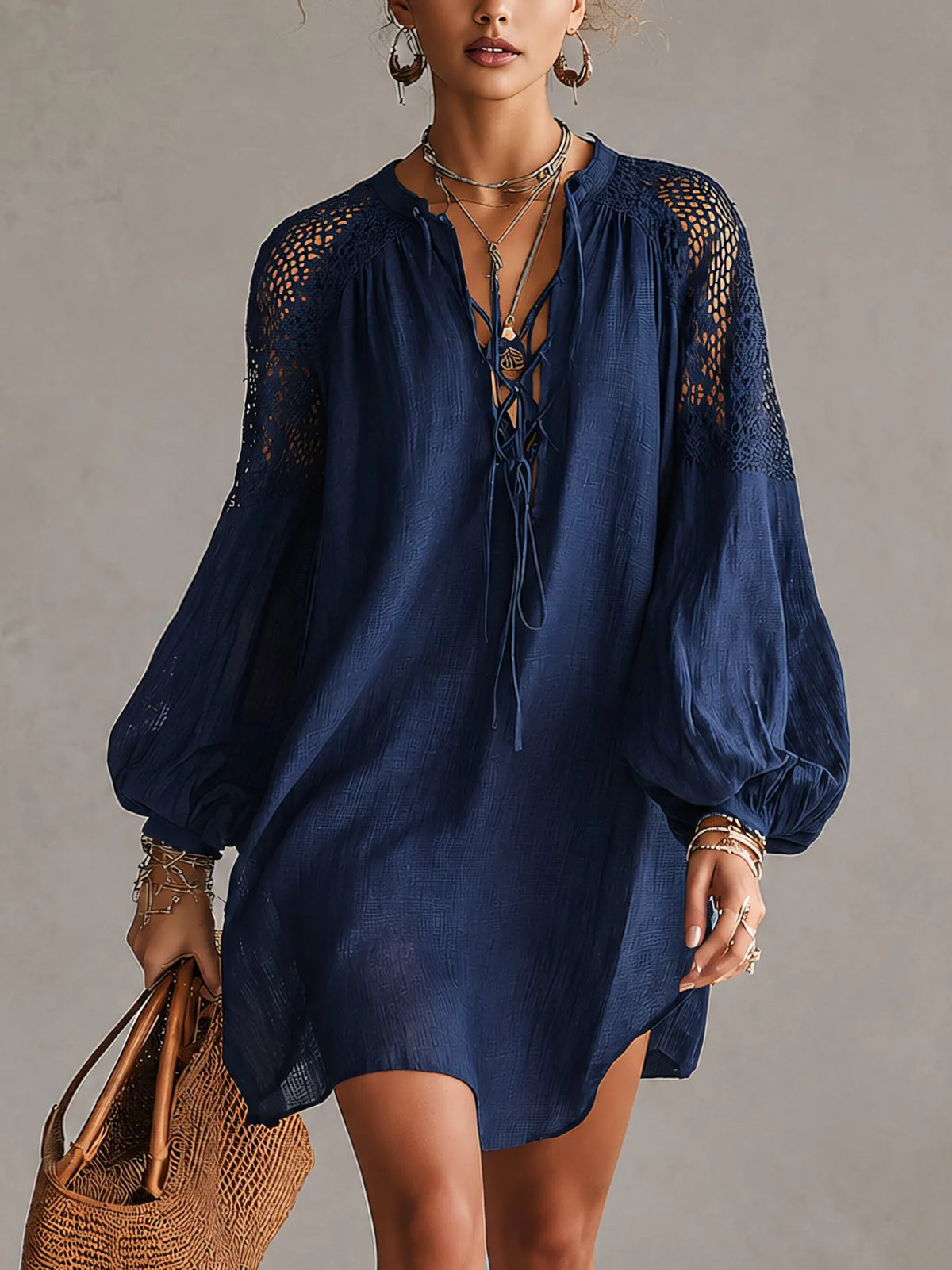 Navy Cutout Crochet Shoulder Mini Dress
