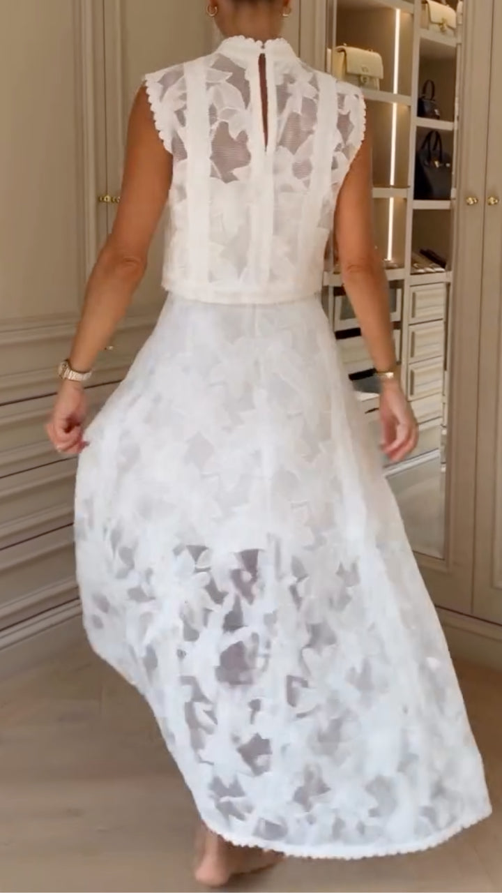 White Floral Lace Two‐Piece Midi Set