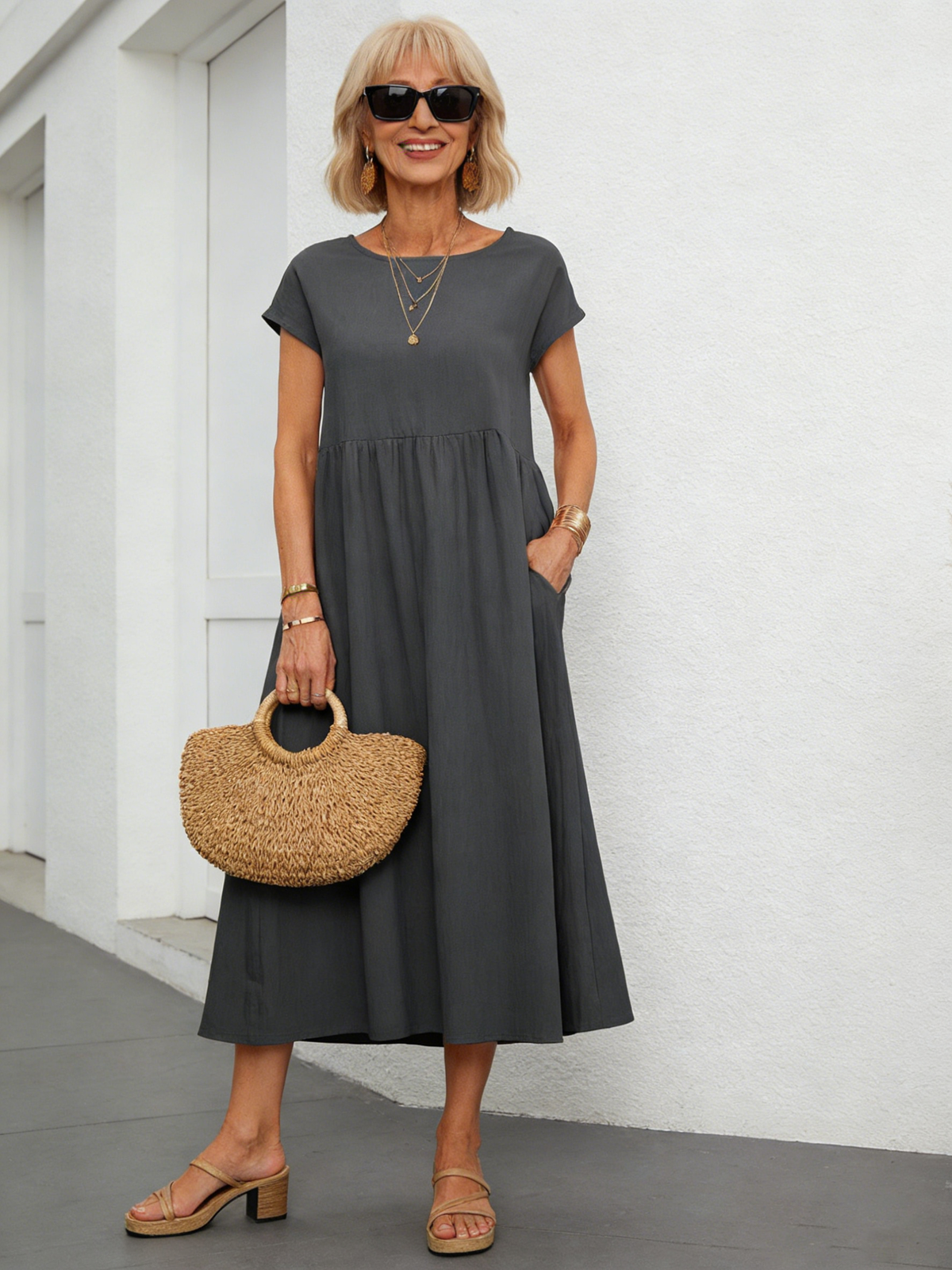 Solid Color Linen Round Neck Fitted Dress