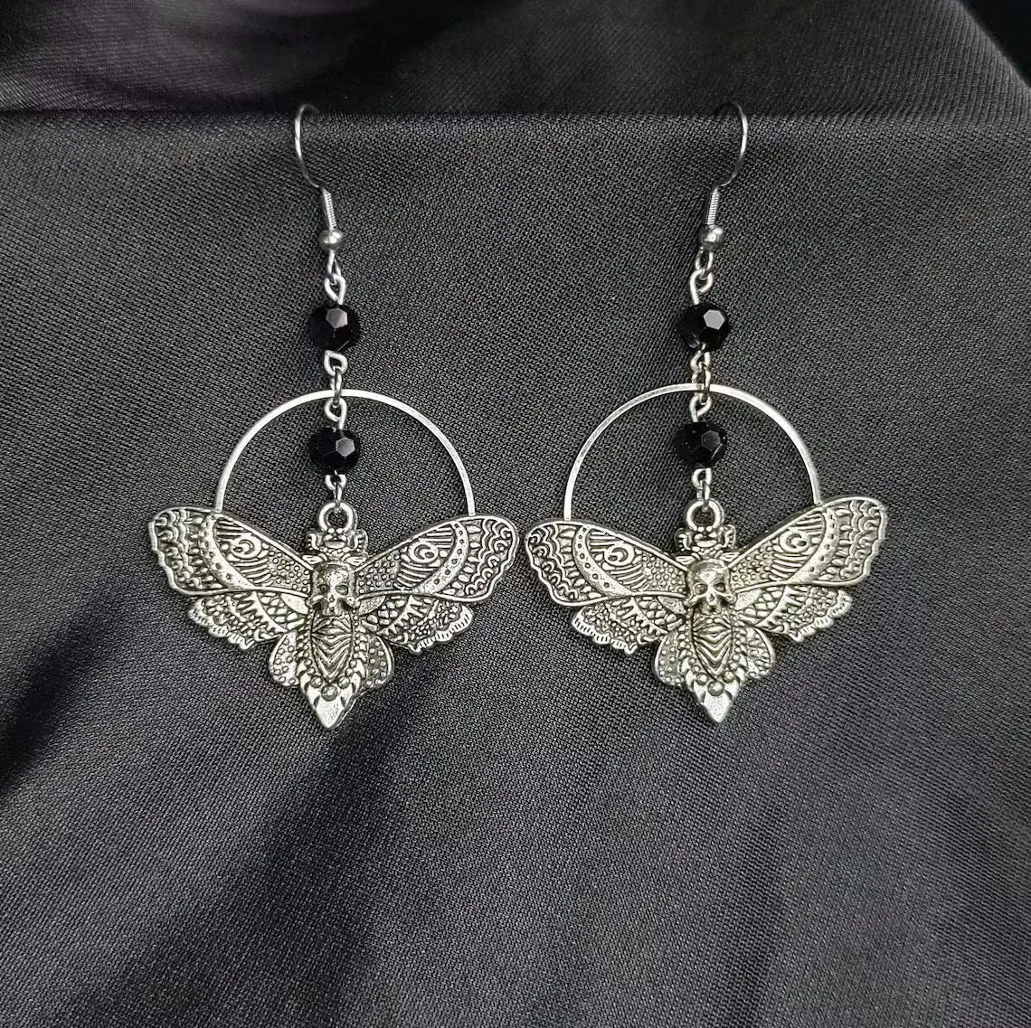 Black Crystal Beads Skull Moth Earrings