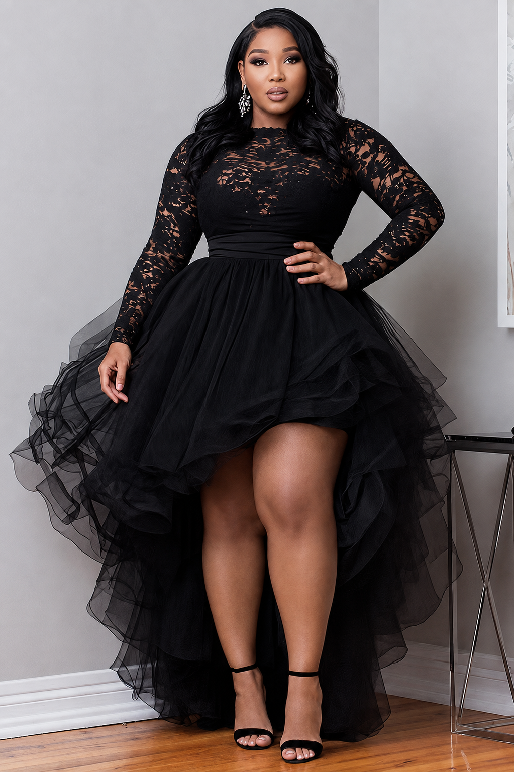 Black Lace High‐Low Tulle Party Dress