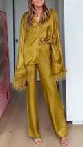 Gold Satin Feather Trim Two‐Piece Pant Set