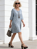 Middle Sleeve Dress Loose Embroidered Long Sleeve Cotton and Linen Dress