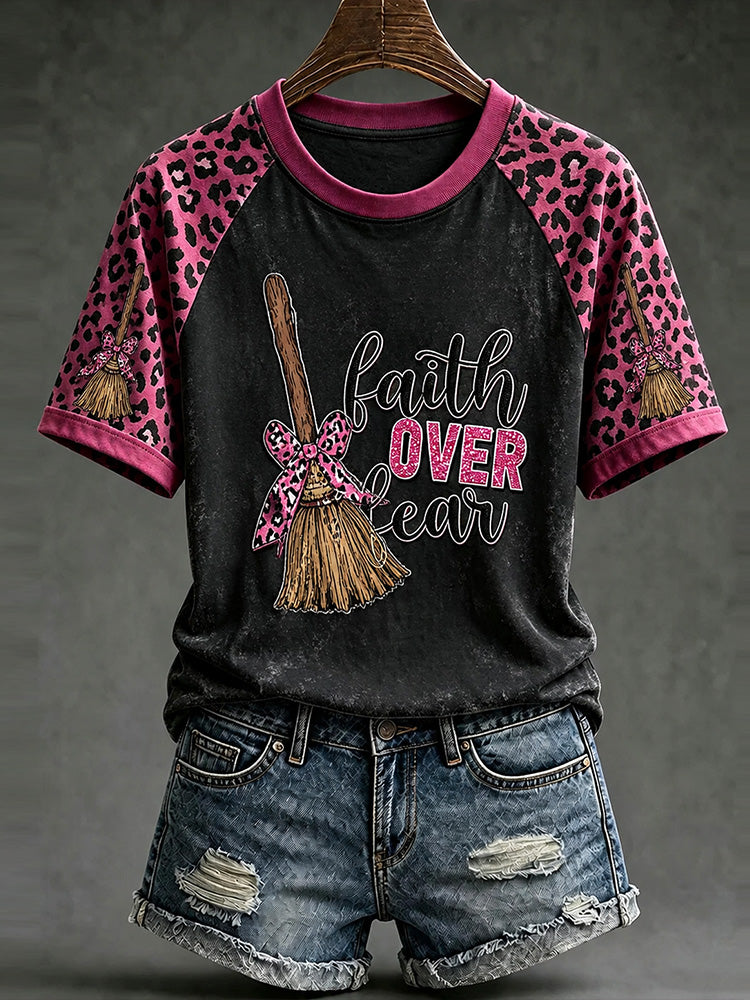 Women's Halloween Witch Broom And Leopard Print Art Patchwork Casual Top
