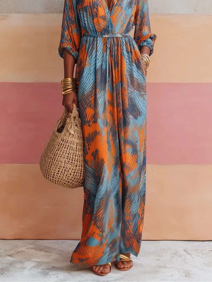 Blue Half-open V-neck Printed Fitted Shirt Dress Vacation Maxi Dress