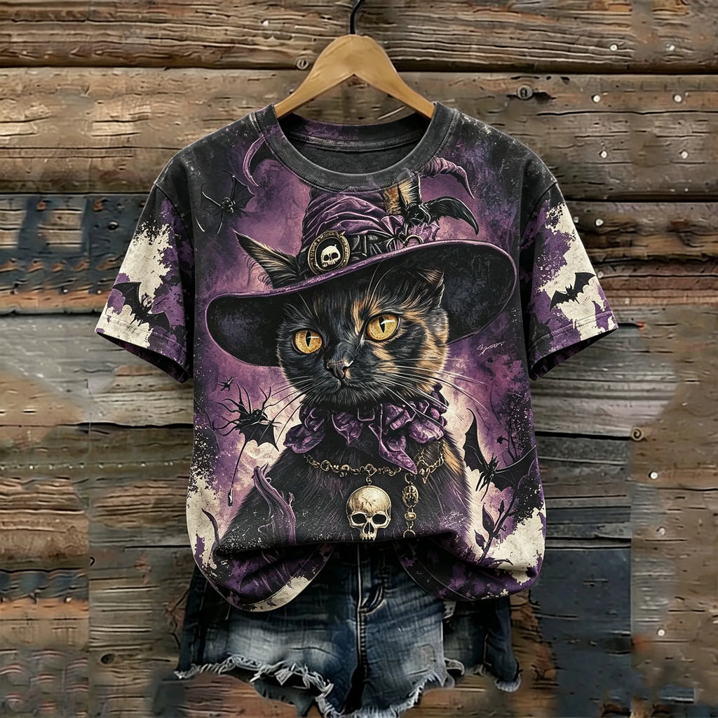 Women's Gothic Halloween Black Witch Cat Purple Skull Bat Print Distressed T-shirt