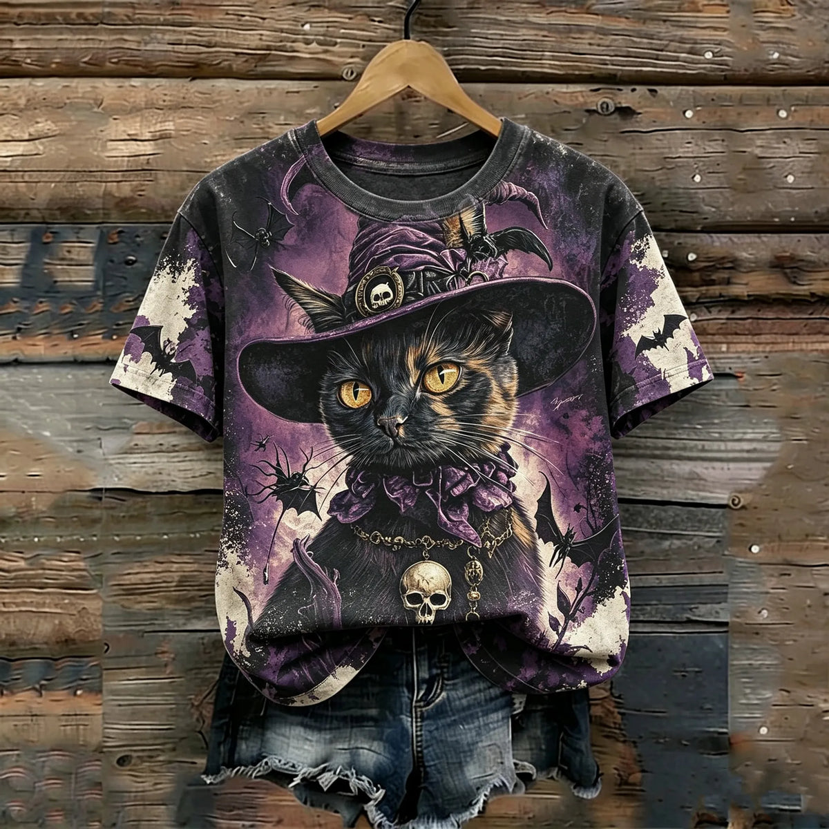 Women's Gothic Halloween Black Witch Cat Purple Skull Bat Print Distressed T-shirt