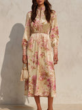 Mediterranean Riviera Cream Pink Floral Velvet Stand Collar Midi Dress