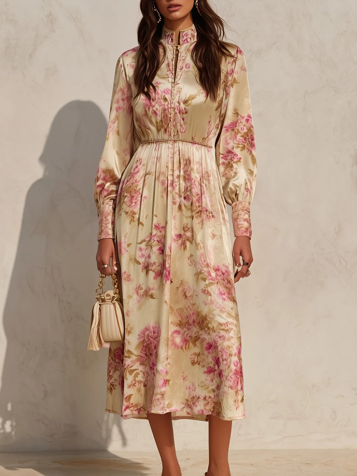 Mediterranean Riviera Cream Pink Floral Velvet Stand Collar Midi Dress