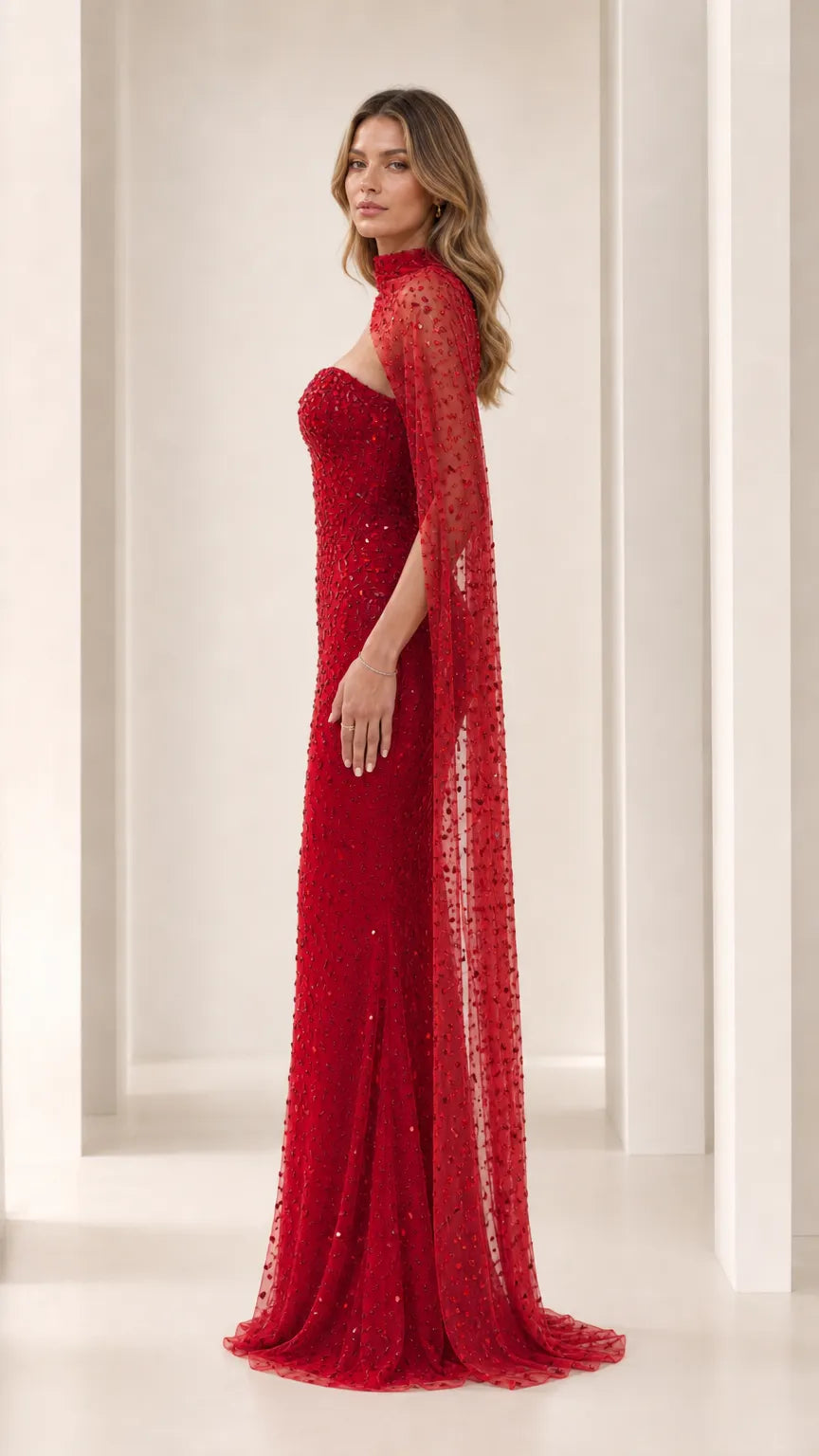 Sequined Beaded Sweetheart Evening Gown with Asymmetric Cape Drape