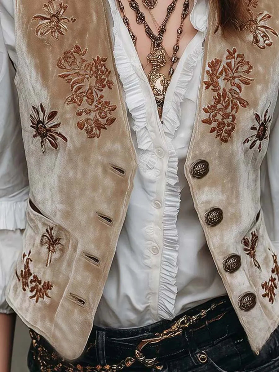 Beige Bohemian Vintage Chic Embroidered Velvet Vest