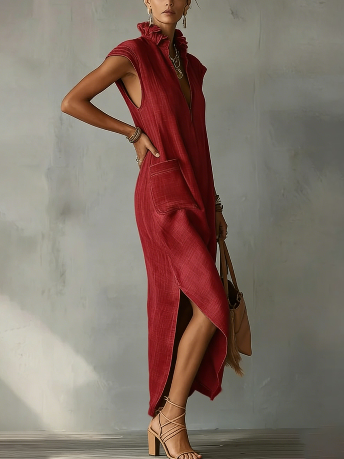 Women’s Ruffle Collar Cotton Linen Midi Dress – Elegant Summer Dress
