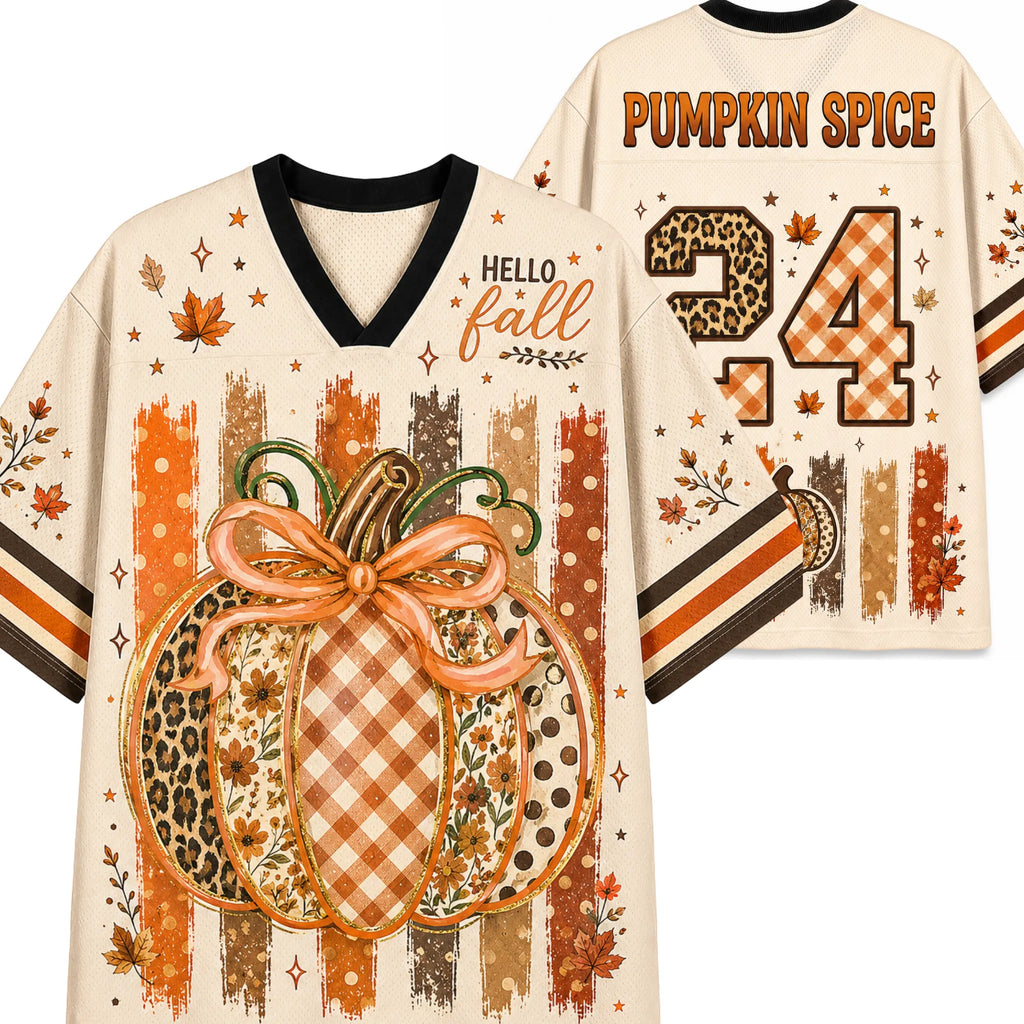 Chaotic Club Hello Fall Patchwork Pumpkin Spice Mesh Jersey