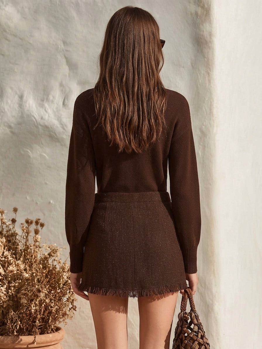 Countryside Rustic Chocolate Brown Knit Tweed Two Piece Skirt Set