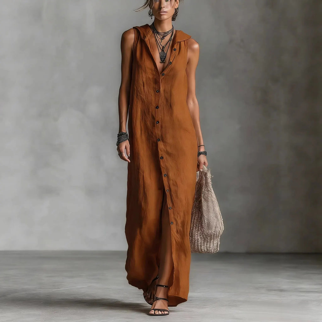 Sleeveless Maxi Dress With Hooded Collar And Front Button Closure