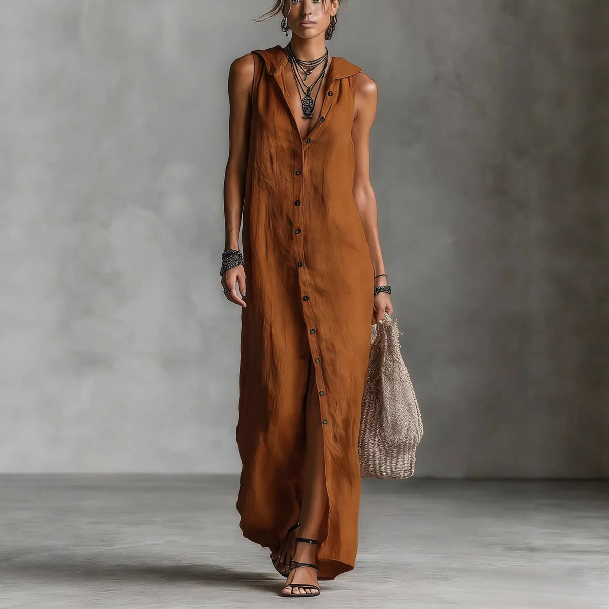 Sleeveless Maxi Dress With Hooded Collar And Front Button Closure