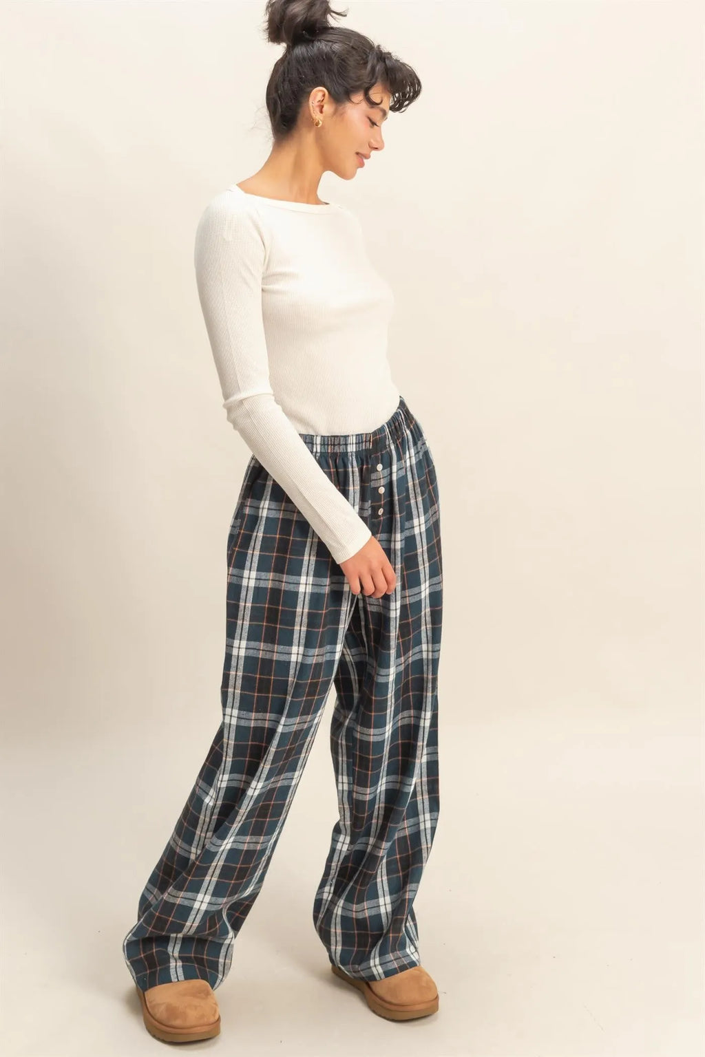Navy Plaid Wide Leg Maternity Lounge Pants