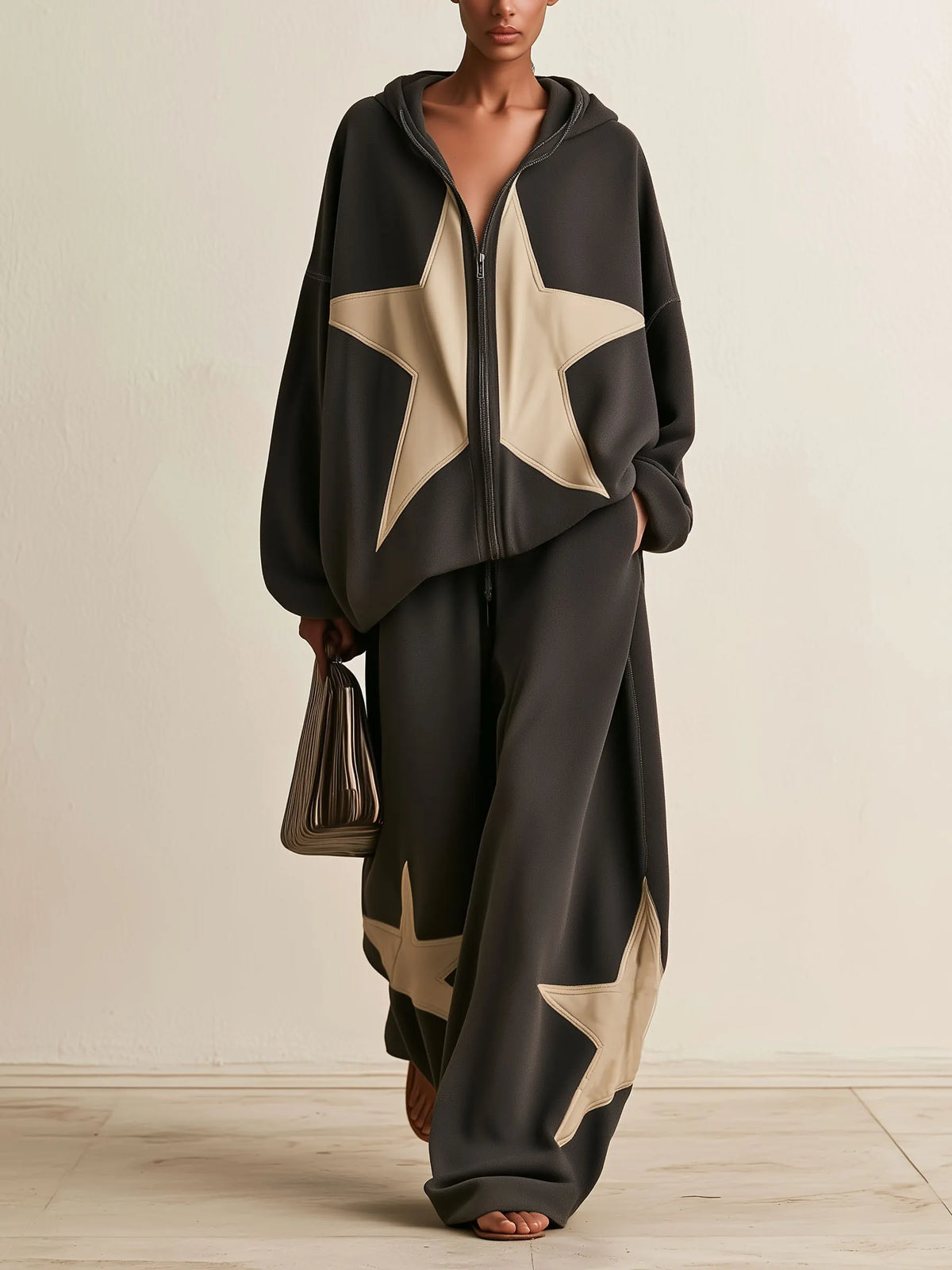 Oversized Star Patch Zip‐Up Hoodie Wide Leg Pants Two‐Piece Set