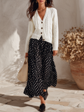 Vacation-style V-neck Long-sleeve Knit Cardigan And Polka-dot Skirt Set