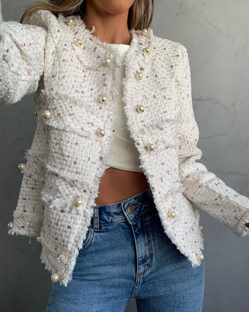 Women's Round Neck Pearl Tweed Jacket